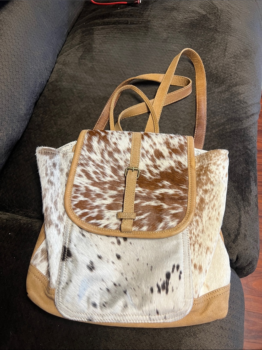 Myra Bag Cowhide Leather Flap Backpack - Brown & White